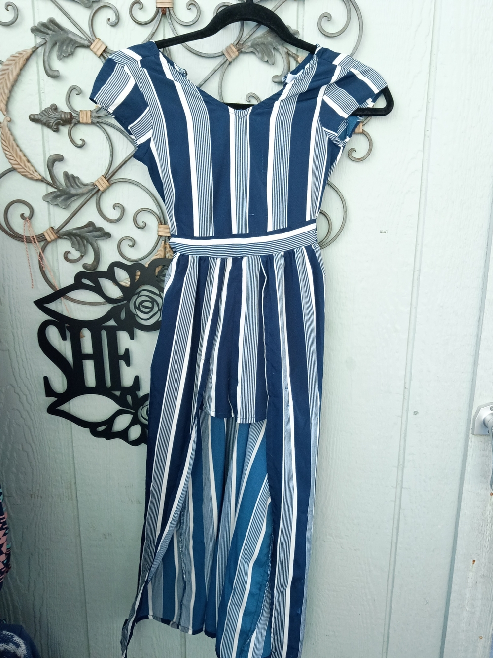Girls Navy & White Striped High-Low One-Piece Dress